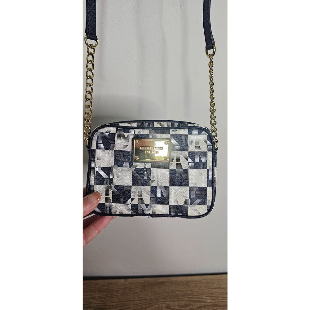 Michael Kors Jet Set MK Logo Small Signature Camera Crossbody Bag Navy Gold HW